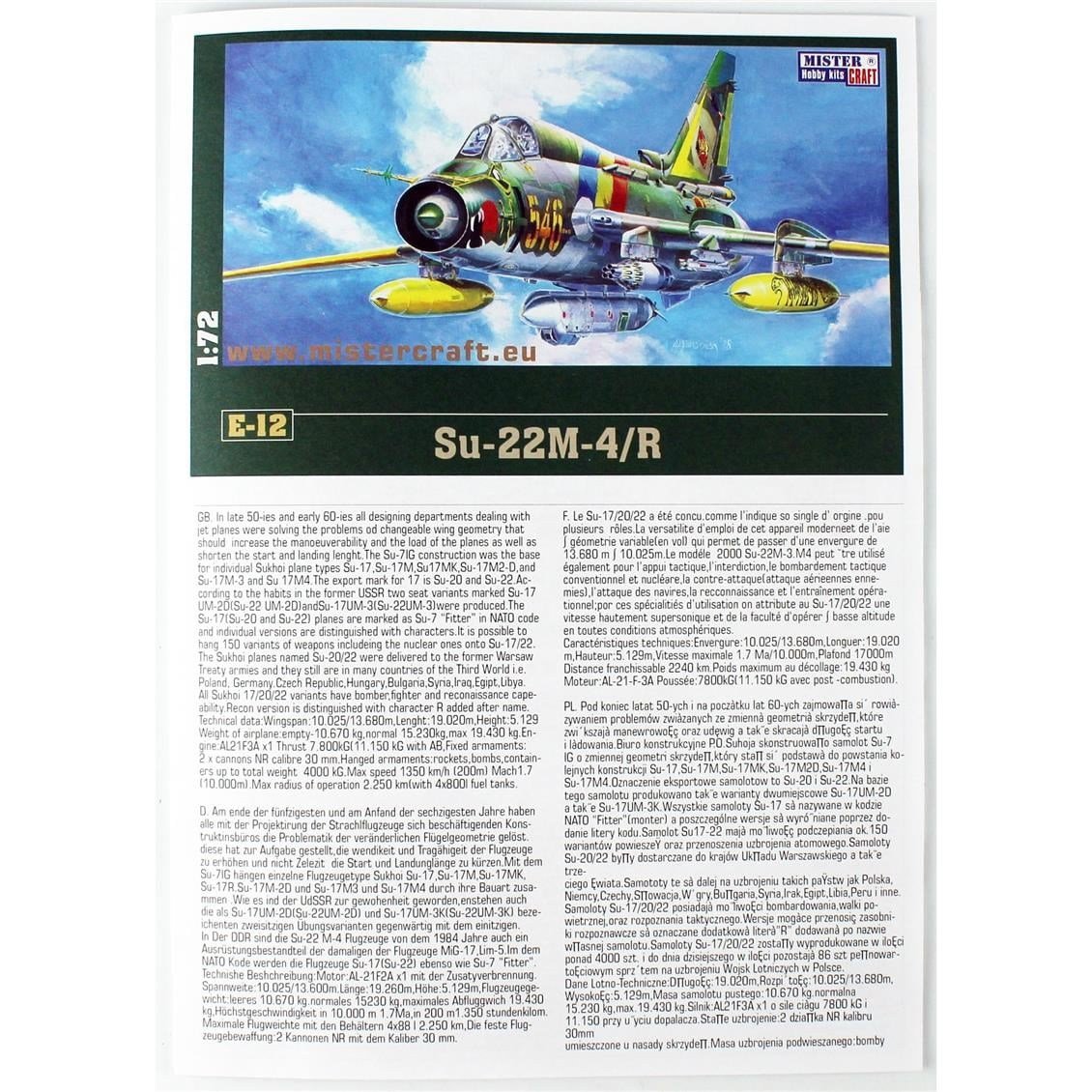 Mistercraft E012 1/72 Su-22 M4R (77 JBG) Savaş Uçağı Plastik Model Kiti