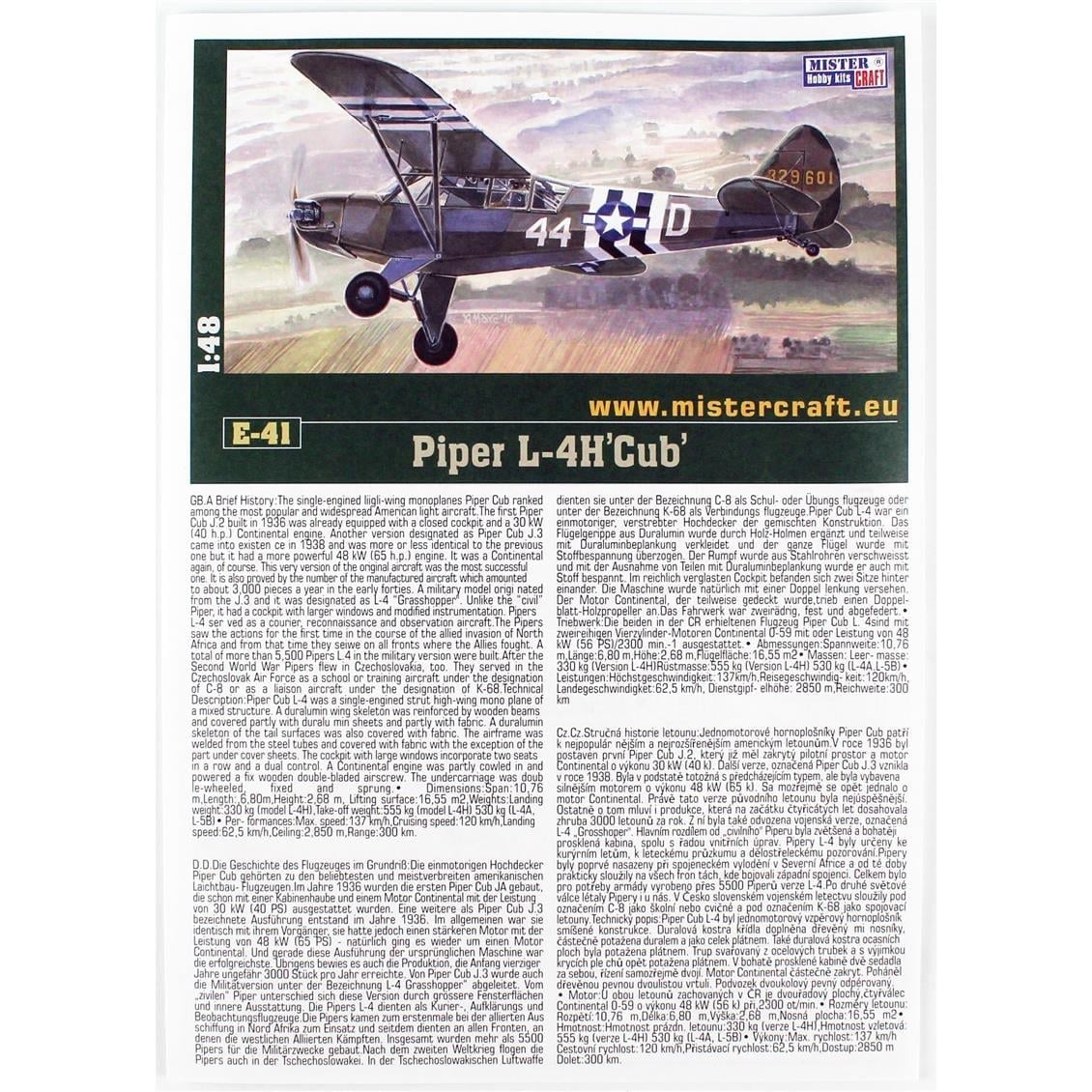 Mistercraft E041ST 1/48 Piper Cup L-4H Eğitim Uçağı Plastik Model Kiti, (12xBoya,2xFırça,Yapıştırıcılı Başlangıç Seti)