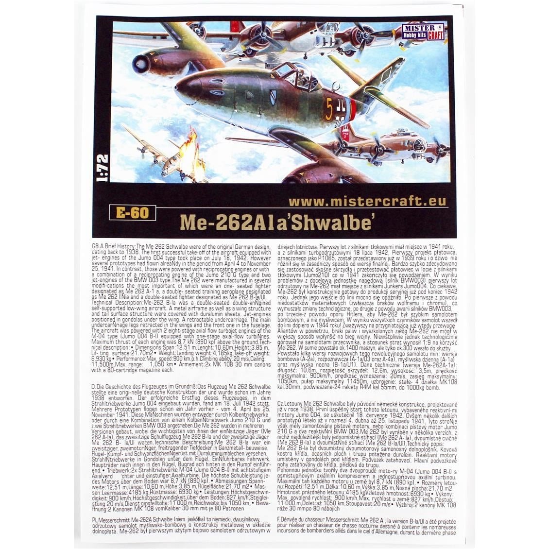 Mistercraft E060 1/72 Me-262-1A  (Schwalbe) Savaş Uçağı Plastik Model Kiti