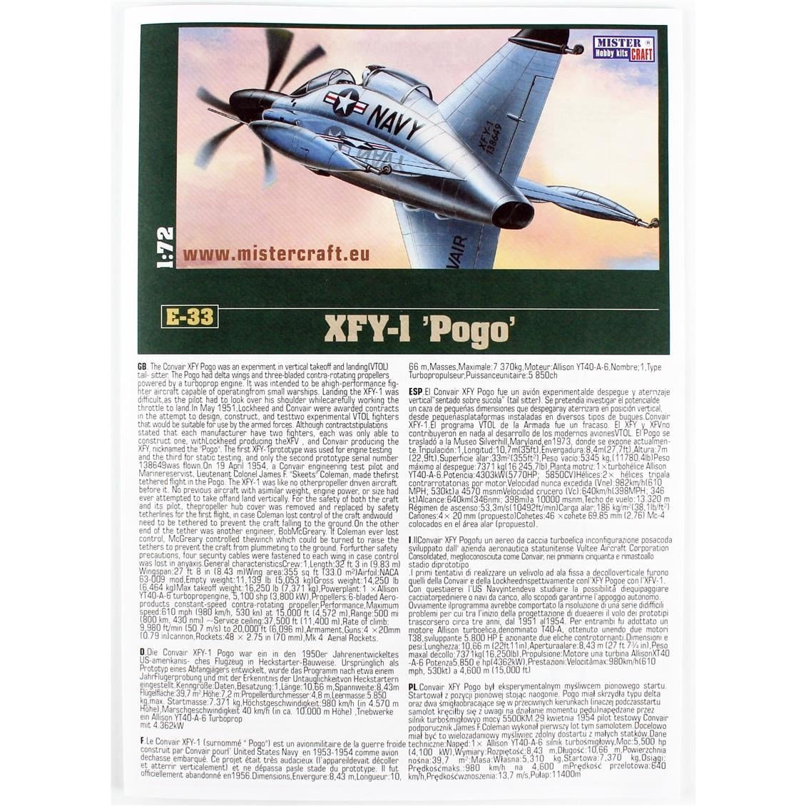 Mistercraft E065 1/72 XFY-1 (Pogo) Savaş Uçağı Plastik Model Kiti