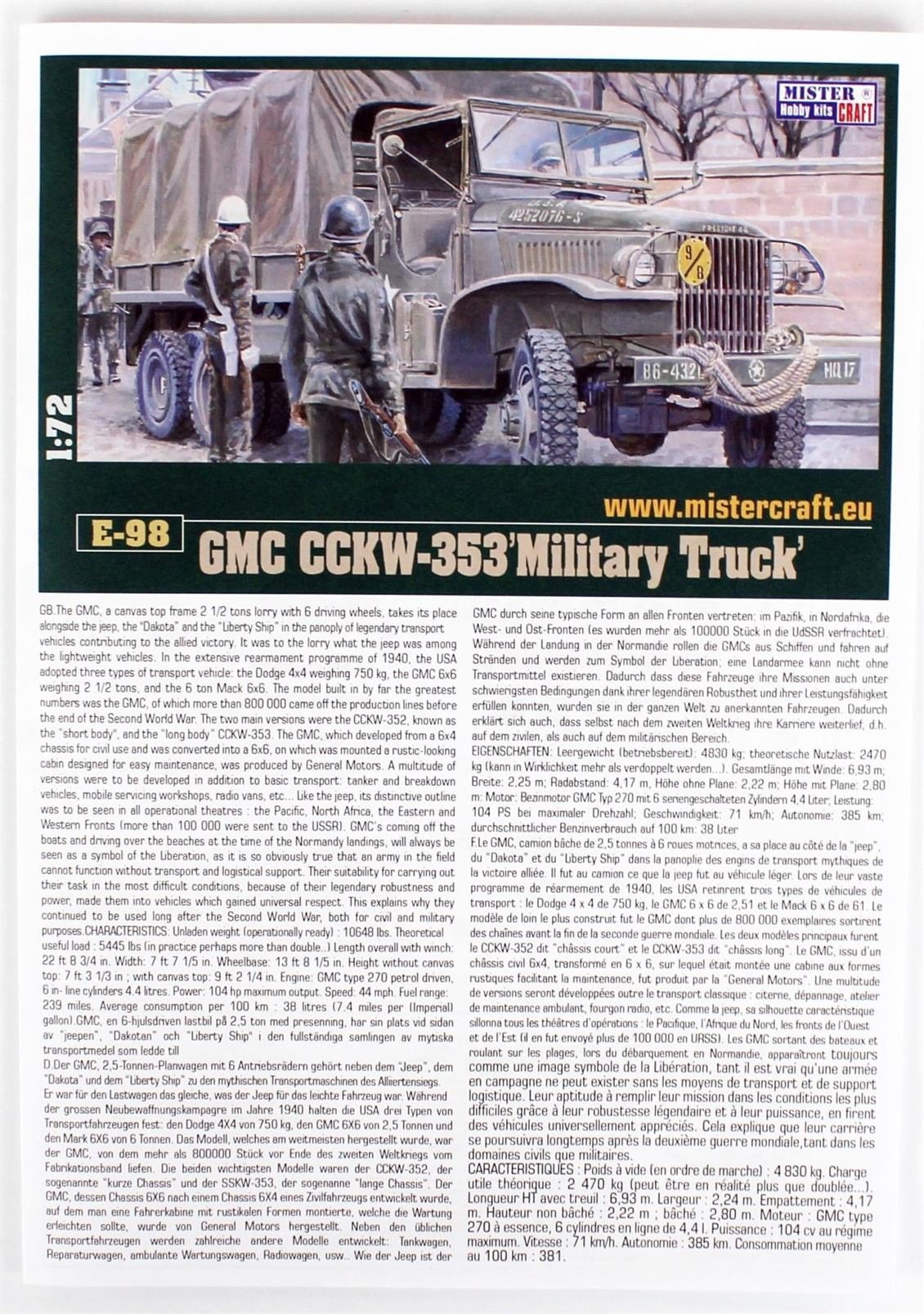 Mistercraft E098 1/72 GMC CCKW-353 Askeri Kamyon Plastik Model Kiti