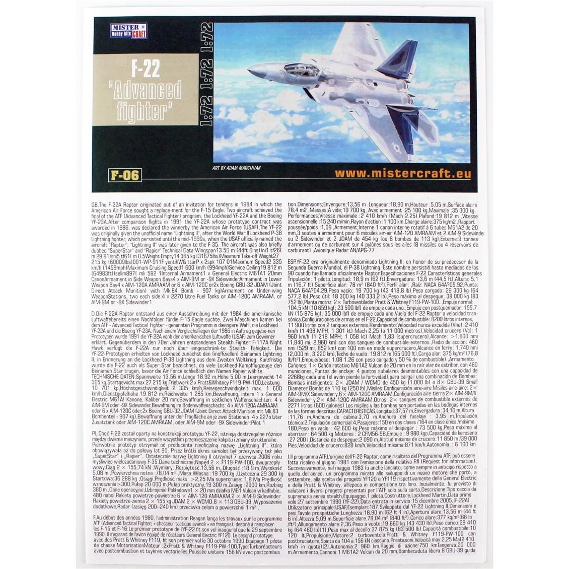 Mistercraft F006ST 1/72 F-22 Gelişmiş Avcı Uçağı  Plastik Model Kiti, (12xBoya,2xFırça,Yapıştırıcılı Başlangıç Seti)