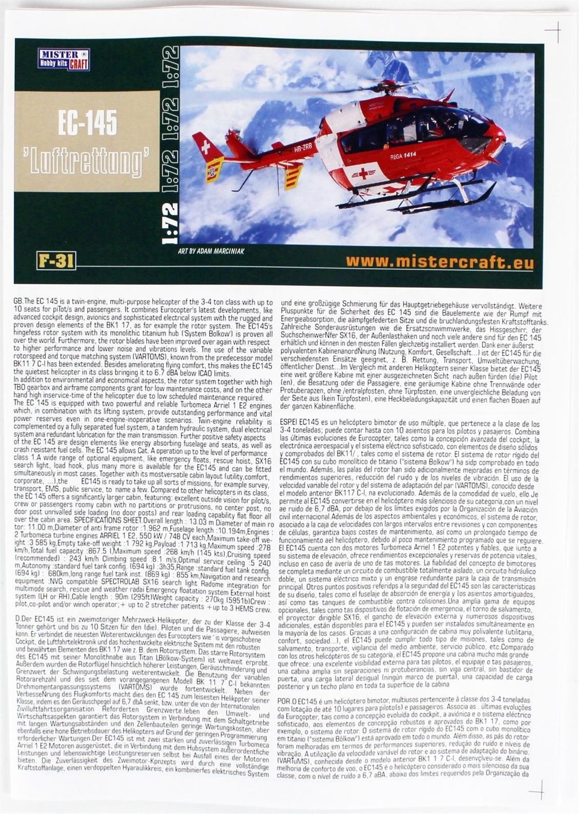 Mistercraft F031 1/72 EC-145 Medicopter 117 (Rega) Çok Amaçlı helikopter Plastik Model Kiti