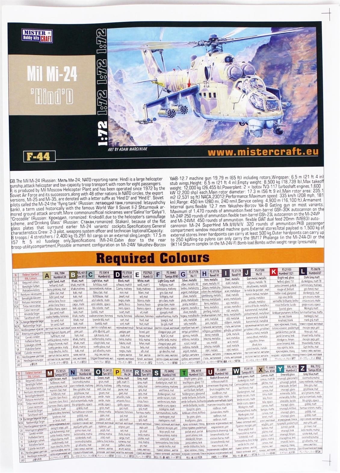 Mistercraft F044 1/72 Mil Mi-24D Hind Askeri Helikopter Plastik Model Kiti