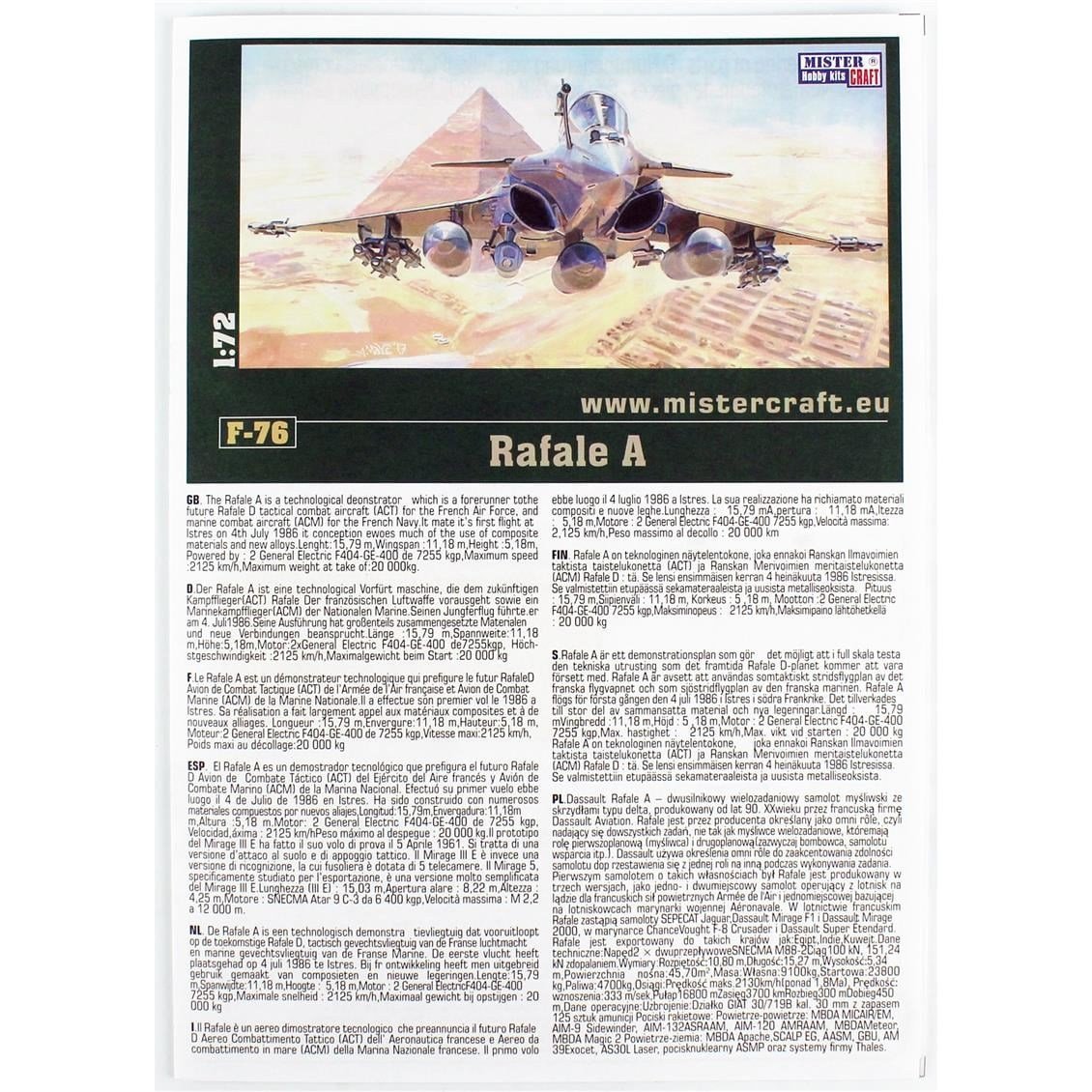 Mistercraft F076ST 1/72 Rafale A Savaş Uçağı Plastik Model Kiti, (12xBoya,2xFırça,Yapıştırıcılı Başlangıç Seti)