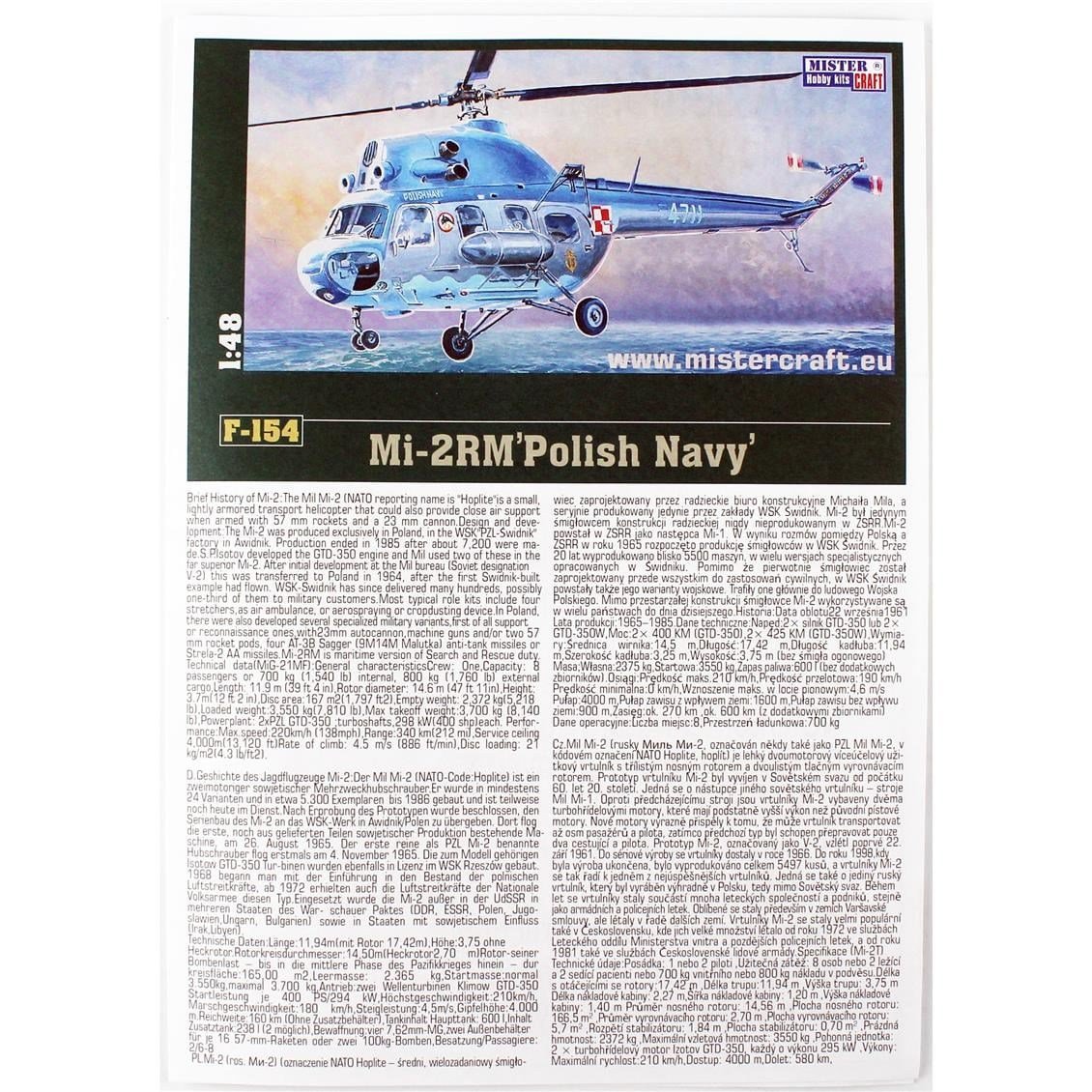 Mistercraft F154 1/48 Mi-2 RM (Polonya Donanması) Askeri Helikopter Plastik Model Kiti