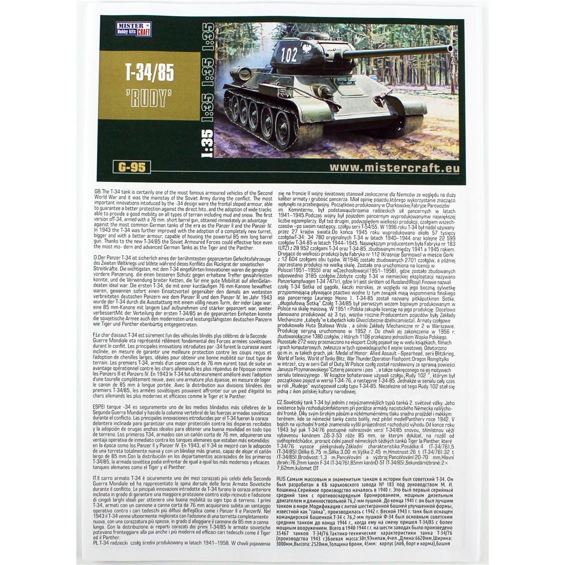 Mistercraft G095 1/35 T-34/85 Ana Muharebe Tankı Plastik Model Kiti