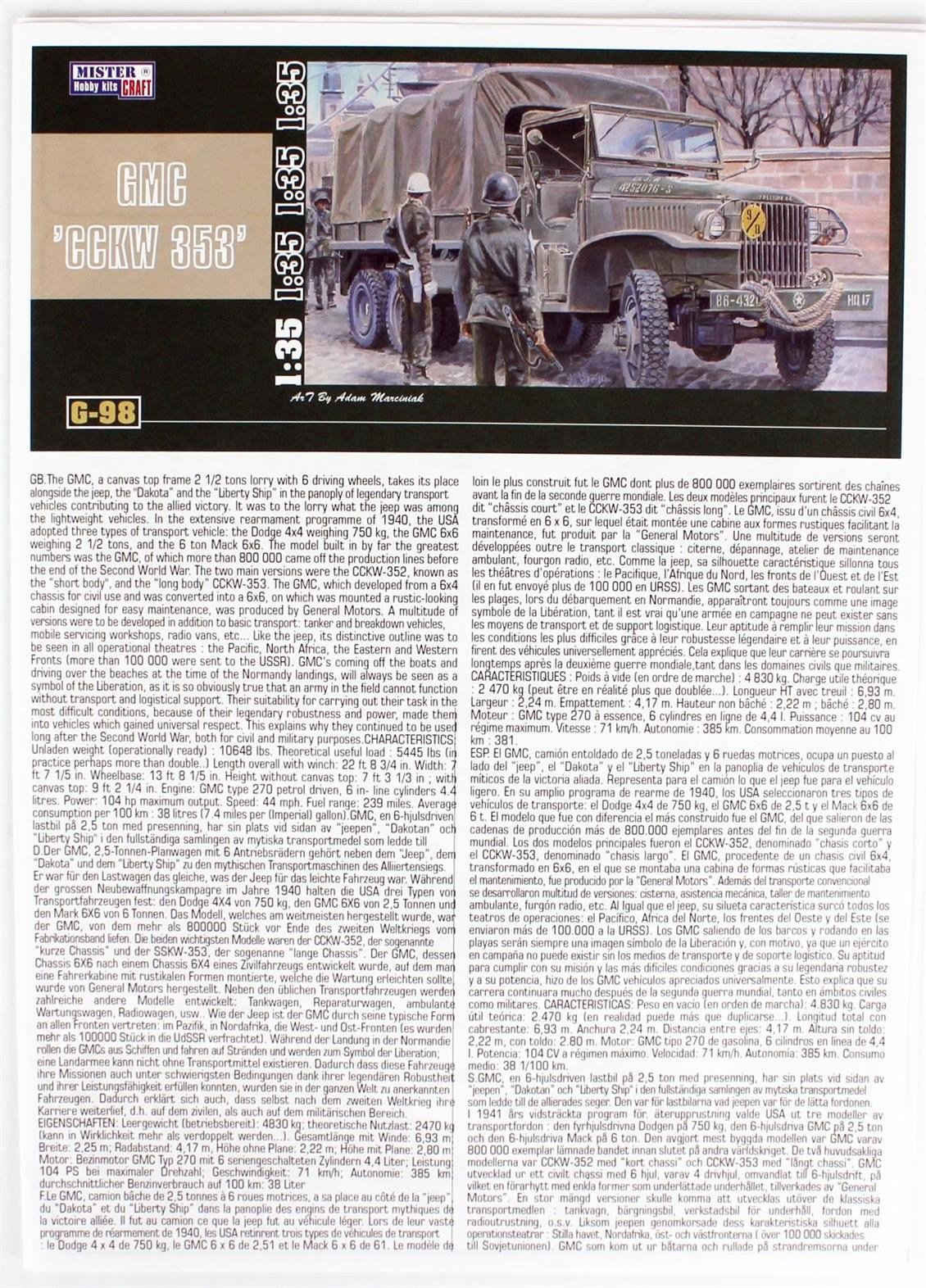 Mistercraft G098 1/35 GMC CKW-353 Askeri Kamyon Plastik Model Kiti