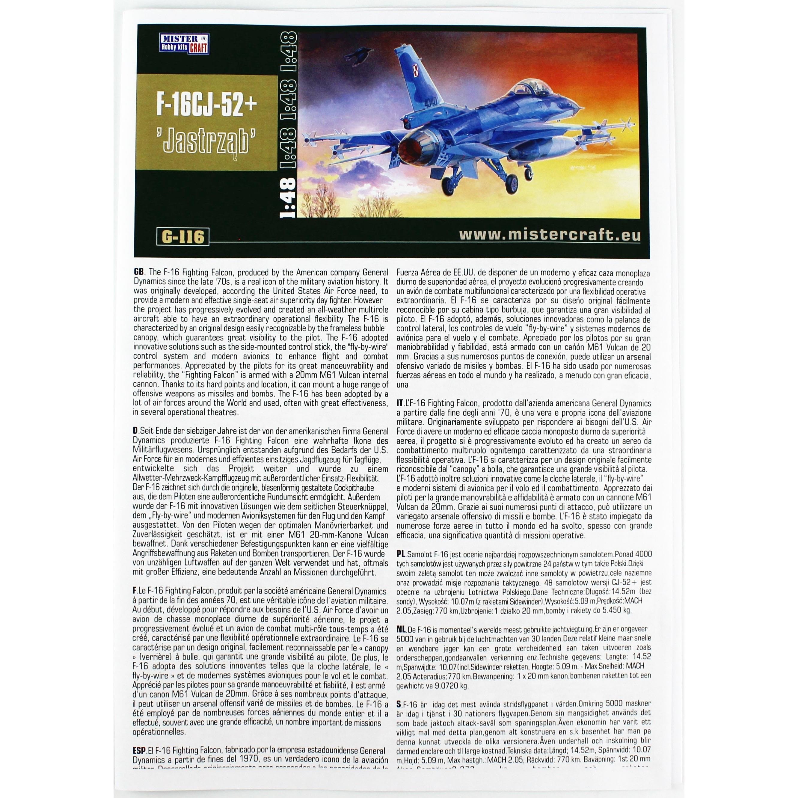 Mistercraft G116 1/48 F-16C Block 52 + Jastrzab (Hawk) Savaş Uçağı Plastik Model Kiti