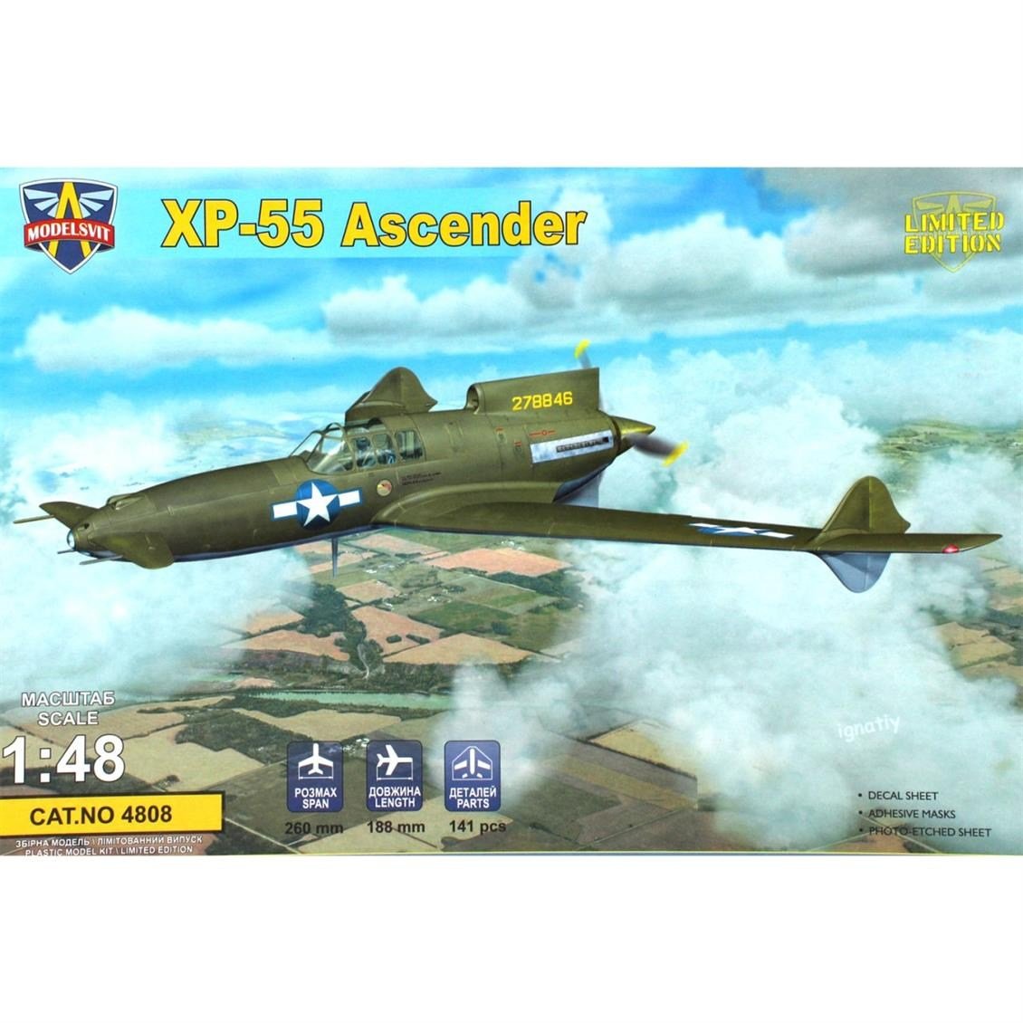 Modelsvit MSVIT4808 1/48 Ölçek, XP-55 Ascender Avcı Uçağı, Plastik Model kiti