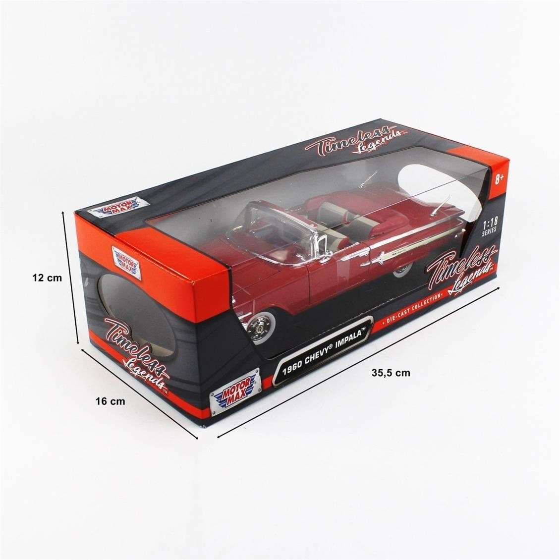 Motormax 73110 1/18 Ölçek, 1960 Chevrolet Impala Convertible, Kırmızı, Sergilemeye Hazır Metal Araba Modeli