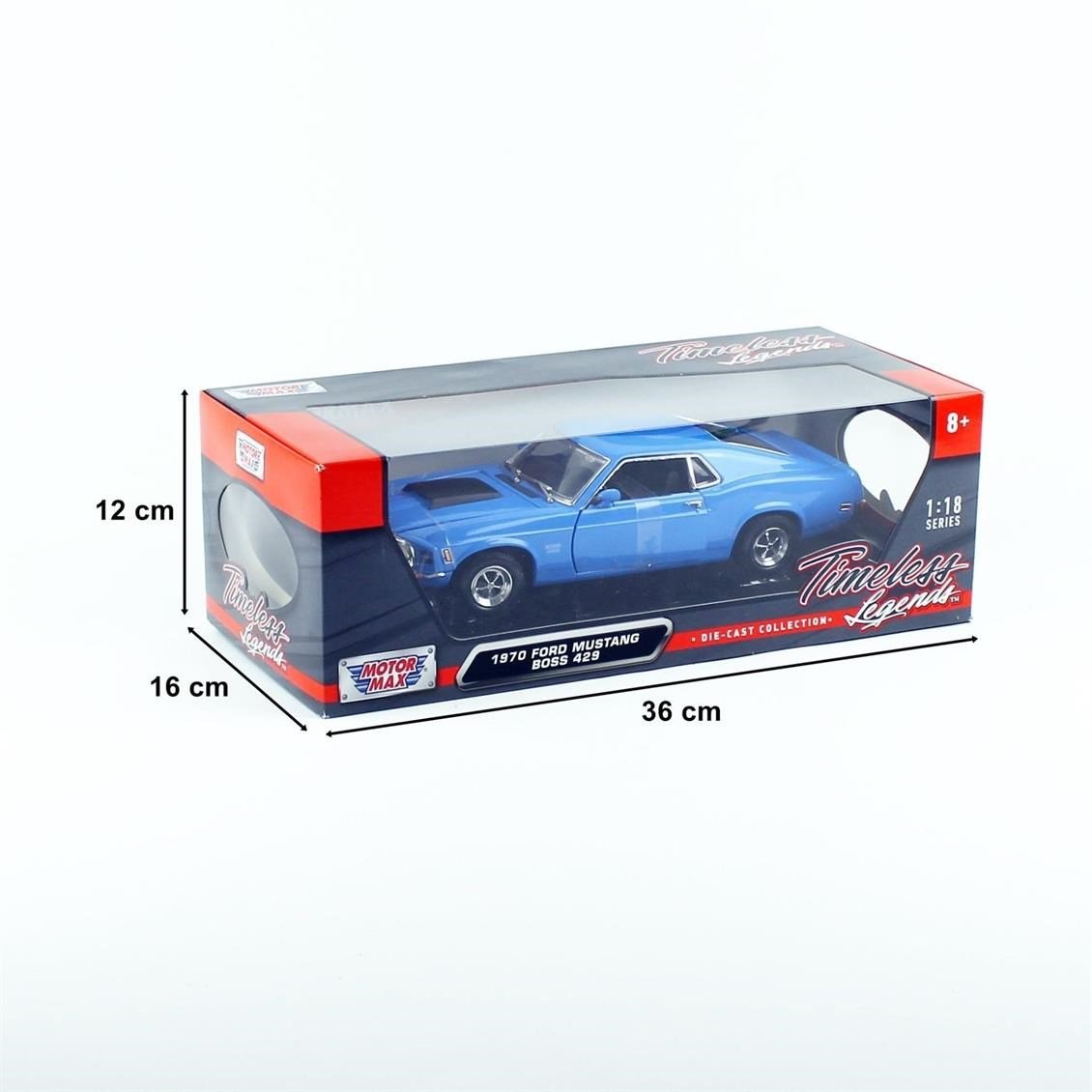 Motormax 73154 1/18 Ölçek, 1970 Ford Mustang Boss 429, Mavi, Sergilemeye Hazır Metal Araba Modeli