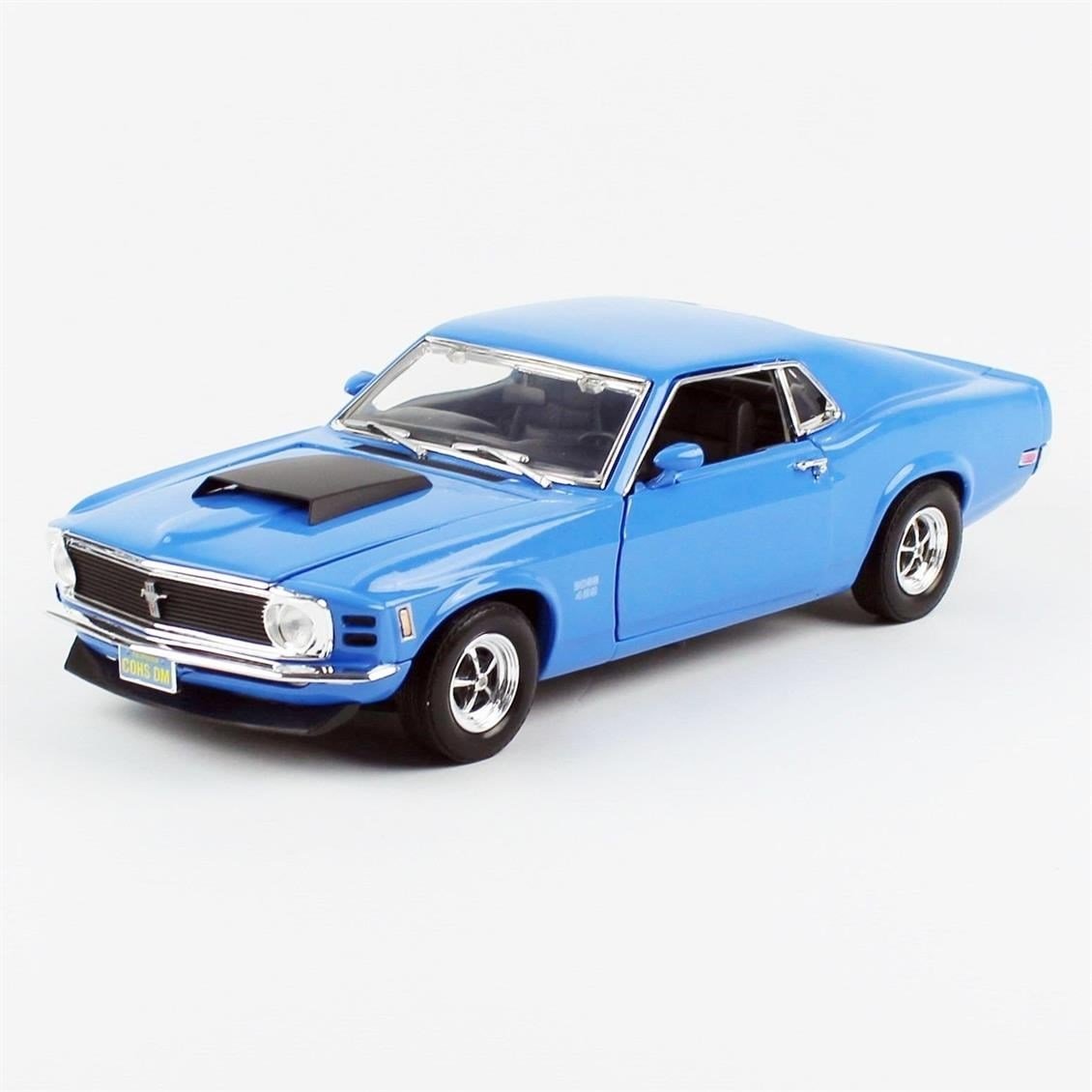 Motormax 73154 1/18 Ölçek, 1970 Ford Mustang Boss 429, Mavi, Sergilemeye Hazır Metal Araba Modeli