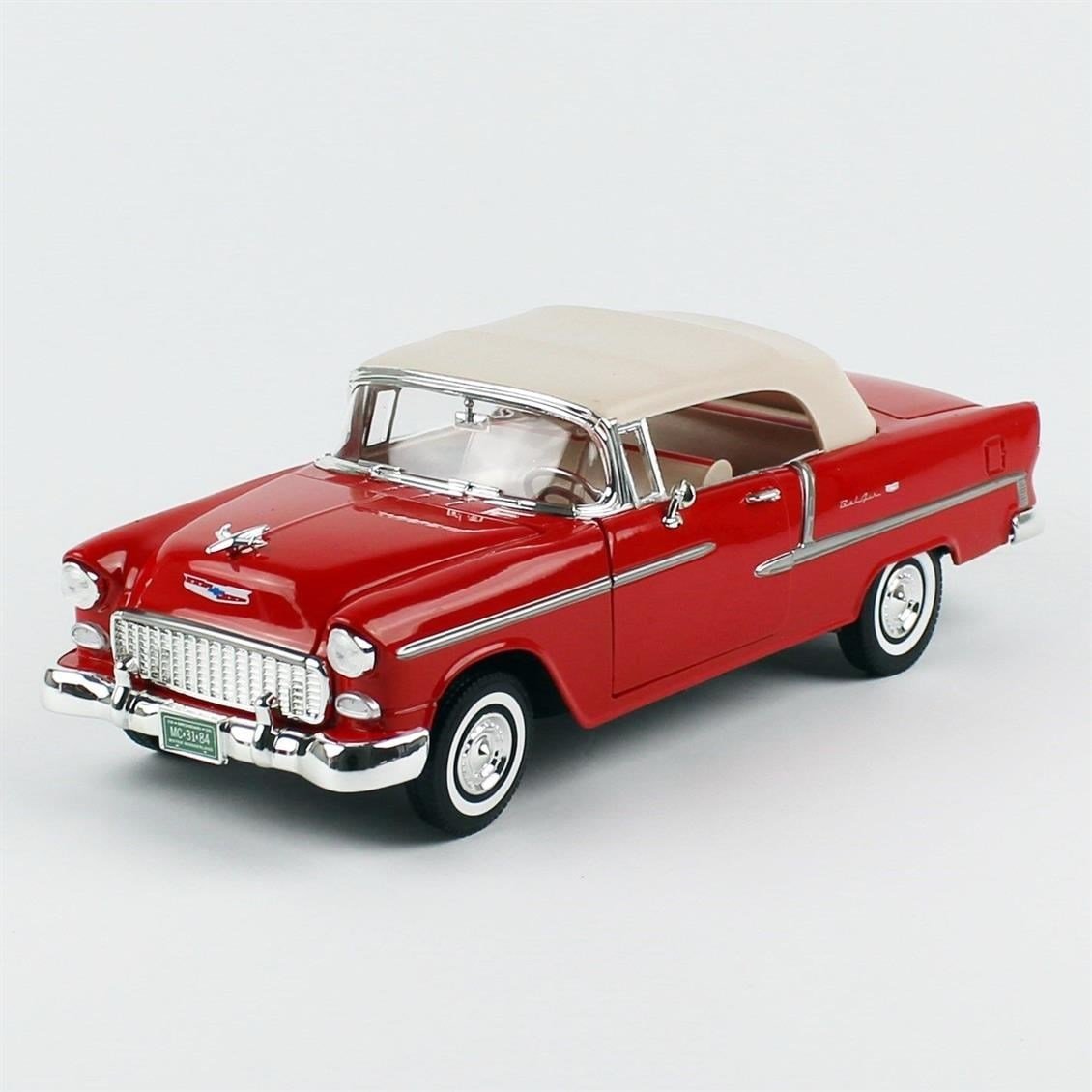 Motormax 73184R 1/18 Ölçek, 1955 Chevrolet Bel Air convertible, Kırmızı, Sergilemeye Hazır Metal Araba Modeli