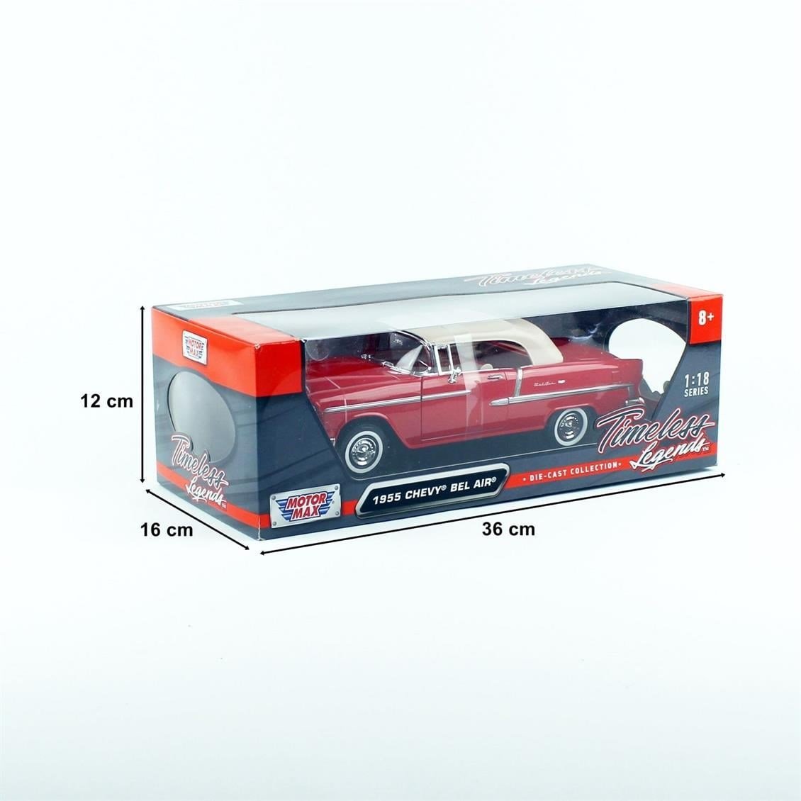 Motormax 73184R 1/18 Ölçek, 1955 Chevrolet Bel Air convertible, Kırmızı, Sergilemeye Hazır Metal Araba Modeli