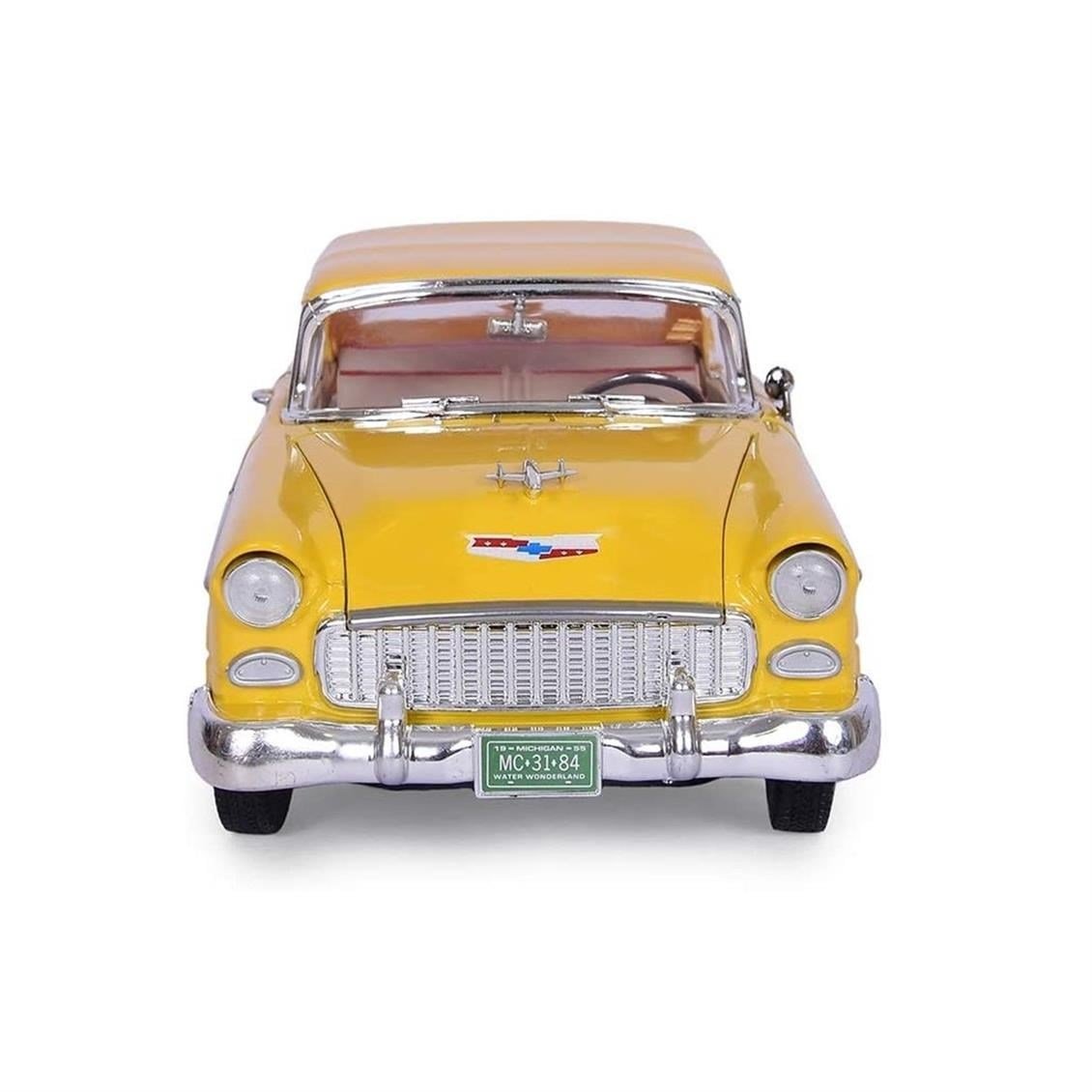 Motormax 73184Y 1/18 Ölçek, 1955 Chevrolet Bel Air Convertible, Sarı, Sergilemeye Hazır Metal Araba Modeli