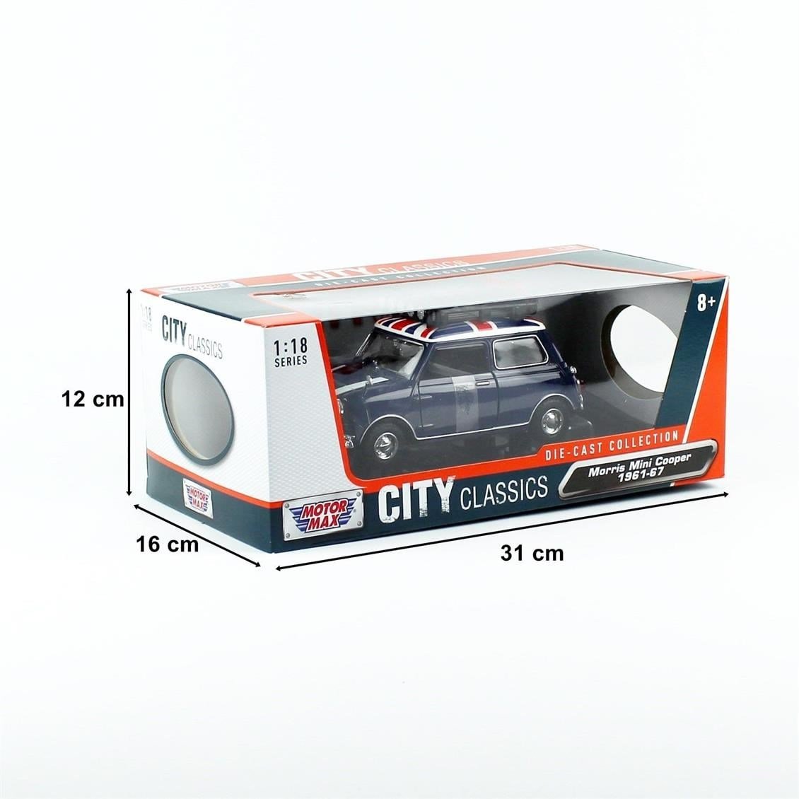 Motormax 76741 1/18 Ölçek, Classic Mini Cooper, Tavan Bagajlı, Mavi/Beyaz/Kırmızı, Sergilemeye Hazır Metal Treyler Dorsesi Mode
