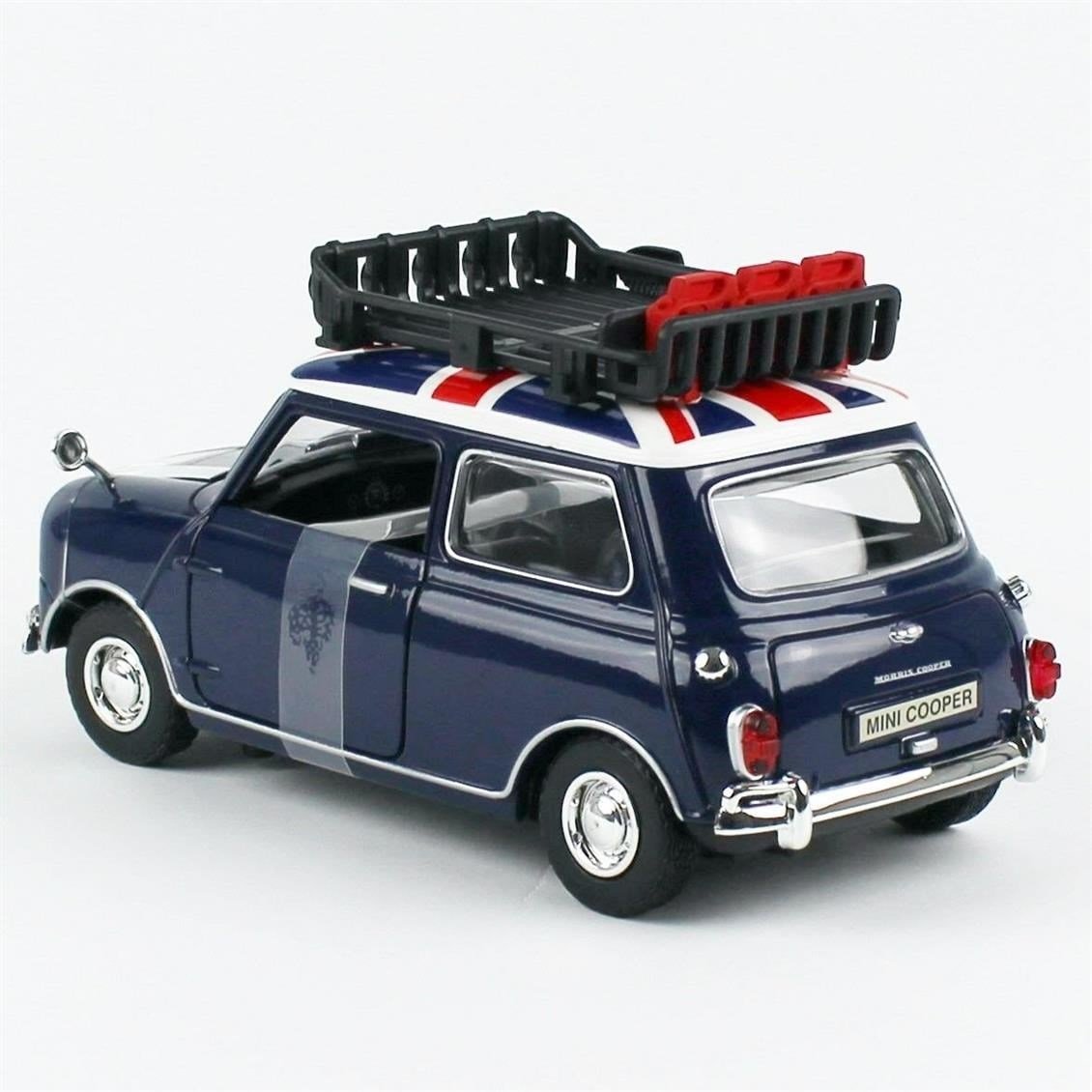 Motormax 76741 1/18 Ölçek, Classic Mini Cooper, Tavan Bagajlı, Mavi/Beyaz/Kırmızı, Sergilemeye Hazır Metal Treyler Dorsesi Mode