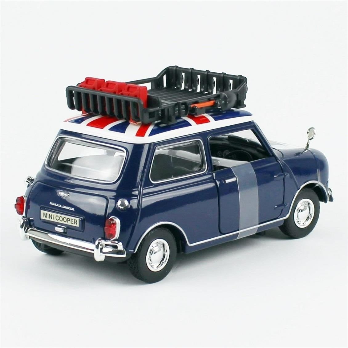 Motormax 76741 1/18 Ölçek, Classic Mini Cooper, Tavan Bagajlı, Mavi/Beyaz/Kırmızı, Sergilemeye Hazır Metal Treyler Dorsesi Mode