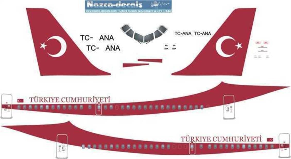Nazca Decals Tur002 1/144 Ölçek, Turkish Decal-Goverment A319 VIp Wit