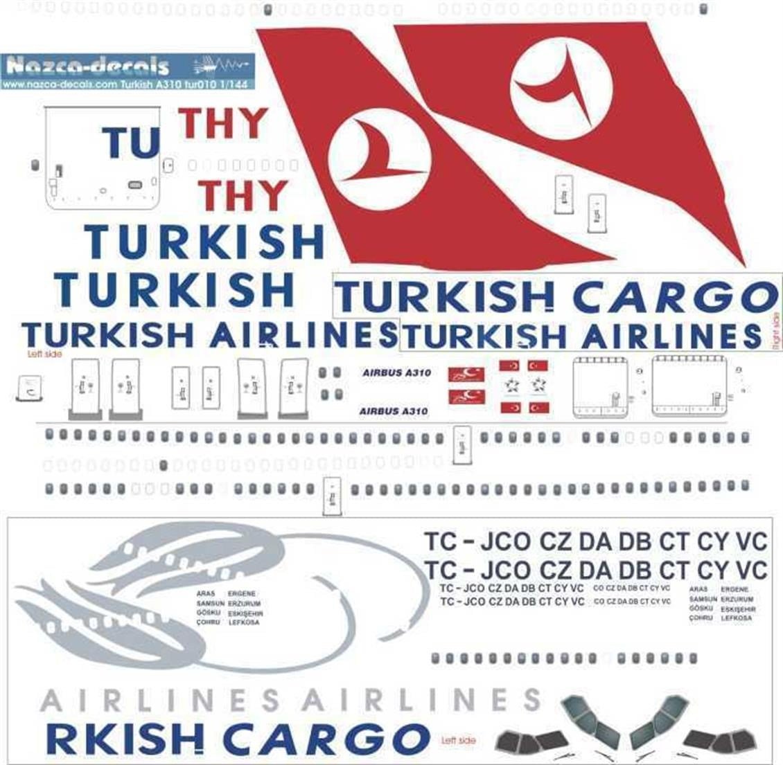 Nazca Decals Tur010 1/144 Ölçek, Turkish Airlines A310-300