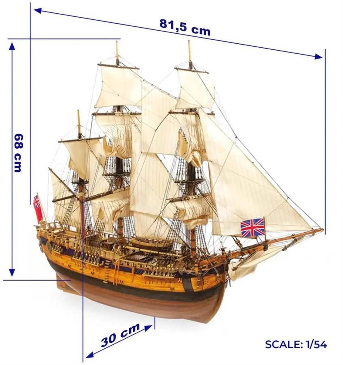 Occre 14005 1/54 Ölçek, Endeavour, 82 cm. Yelkenli İngiliz Keşif Gemisi, Ahşap Model Kiti
