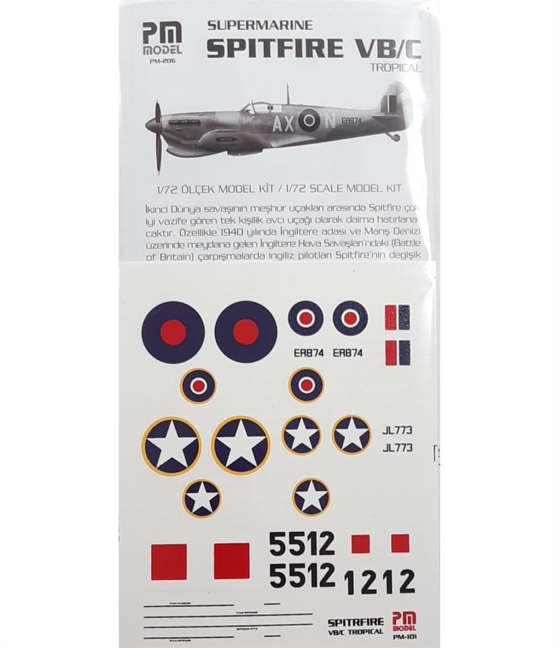 PM Model 101 1/72 Ölçek, Supermarine Spitfire VB/C Savaş Uçağı, Plastik Model kiti