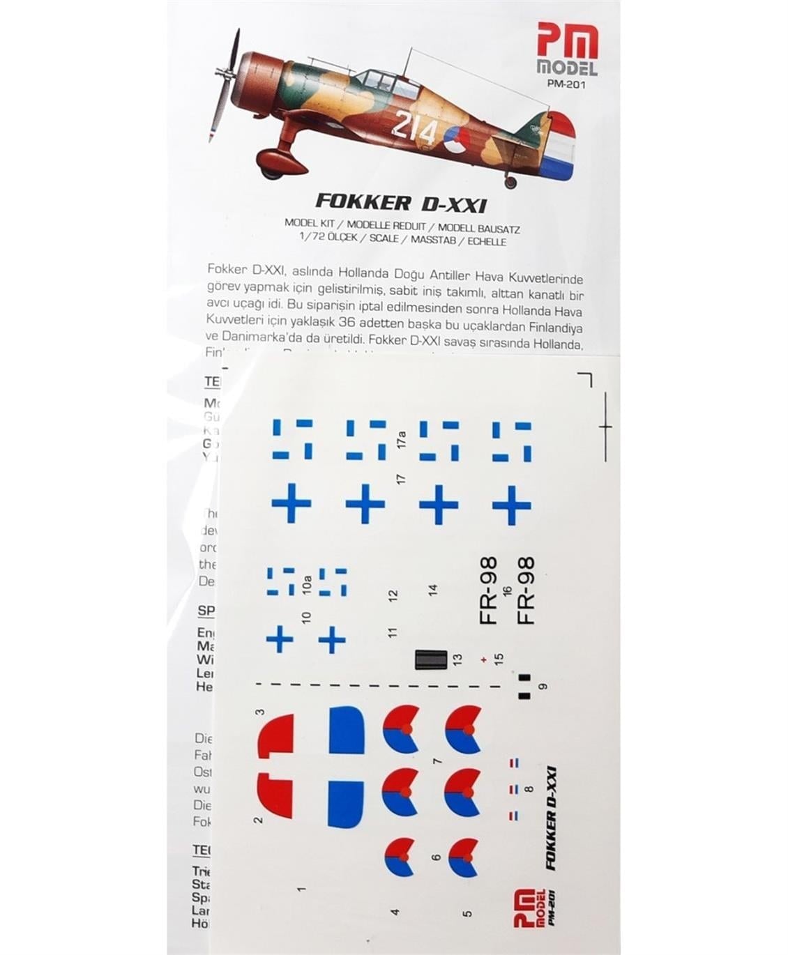 PM Model 201 1/72 Ölçek, Fokker D-XXI Avcı Uçağı, Plastik Model kiti