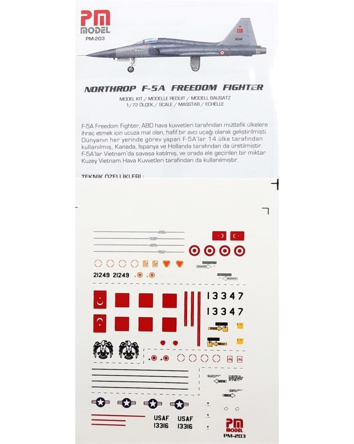 PM Model 203 1/72 Ölçek, F-5A Northrop Freedom Fighter Eğitim Uçağı, Plastik Model kiti