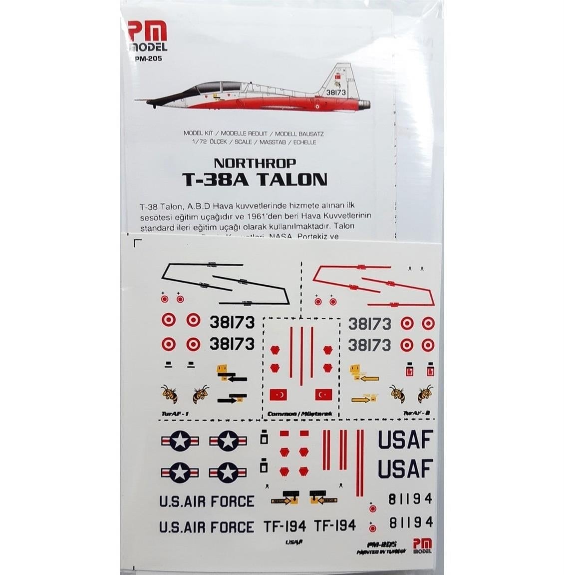 PM Model 205 1/72 Ölçek, Northrop T-38A Talon Eğitim Uçağı, Plastik Model kiti