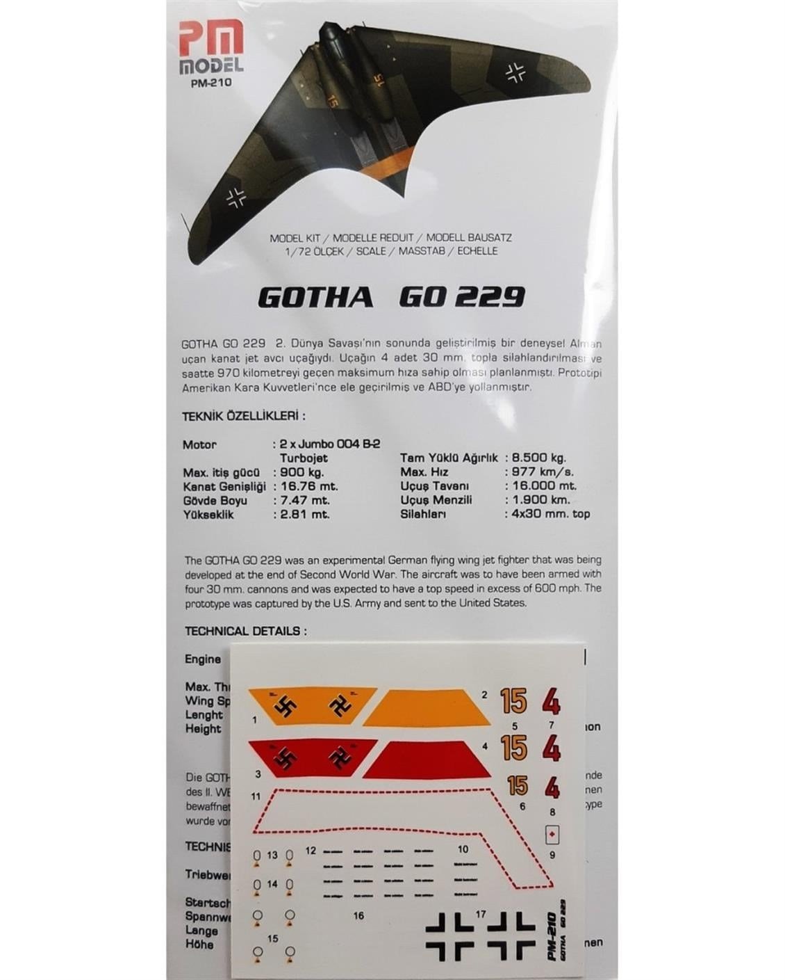 PM Model 210 1/72 Ölçek, Gotha GO-229 A1 Avcı-Bombardıman Uçağı, Plastik Model kiti
