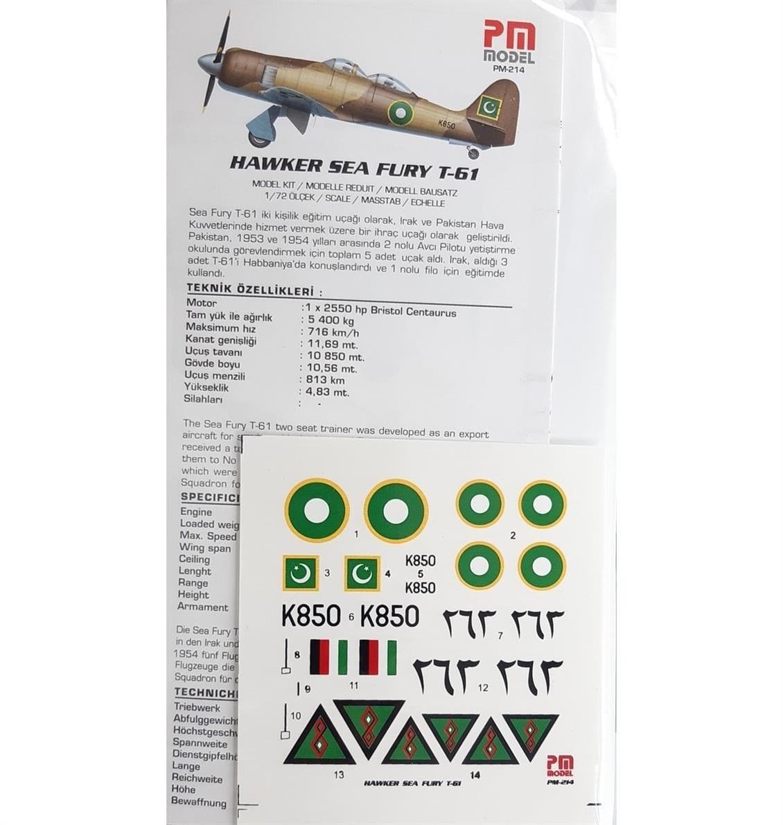 PM Model 212 1/72 Ölçek, Hawker Sea Fury T-20 Avcı-Eğitim Uçağı, Plastik Model kiti