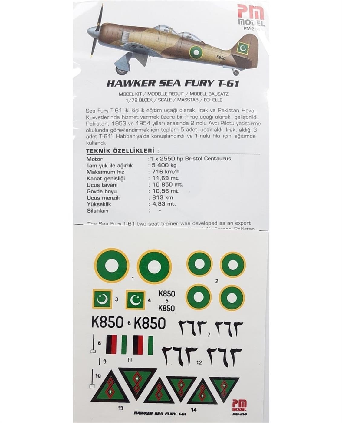 PM Model 214 1/72 Ölçek, Hawker Sea Fury T-61 Avcı-Eğitim Uçağı, Plastik Model kiti