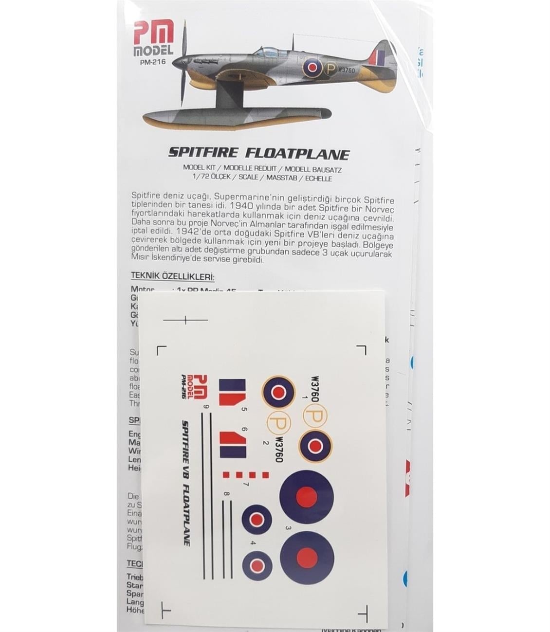 PM Model 216 1/72 Ölçek, Submarine Spitfire VB Floatplane Deniz Uçağı Maketi, Plastik Model kiti