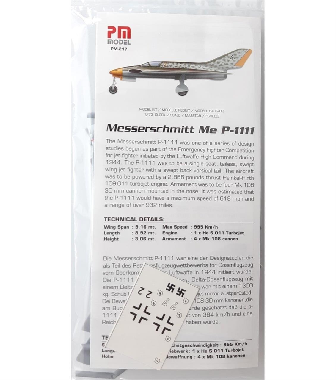 PM Model 217 1/72 Ölçek, Messerschmitt P.1111 Avcı Uçağı, Plastik Model kiti