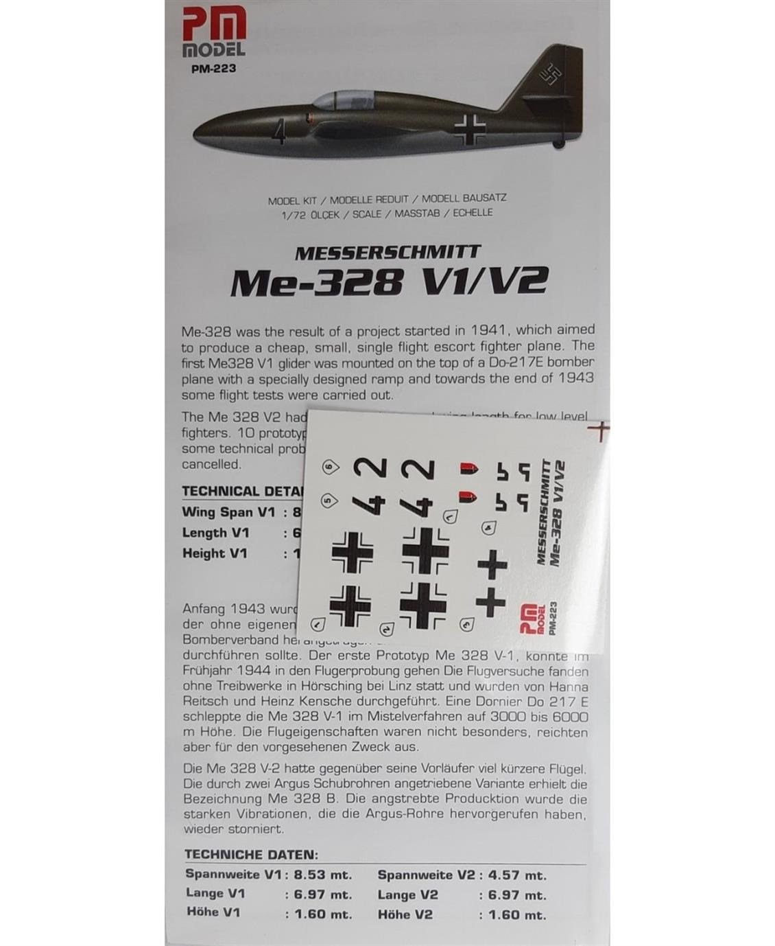PM Model 223 1/72 Ölçek, Me-328 V1/V2 Savaş Uçağı, Plastik Model kiti