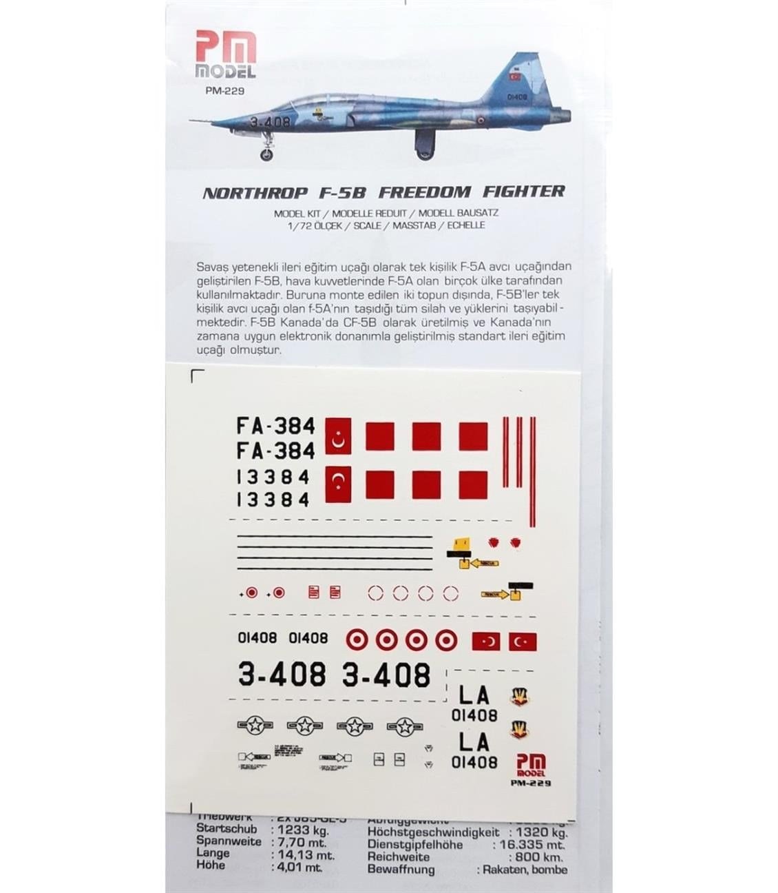 PM Model 229 1/72 Ölçek, Northrop F-5B Eğitim Uçağı, Plastik Model kiti