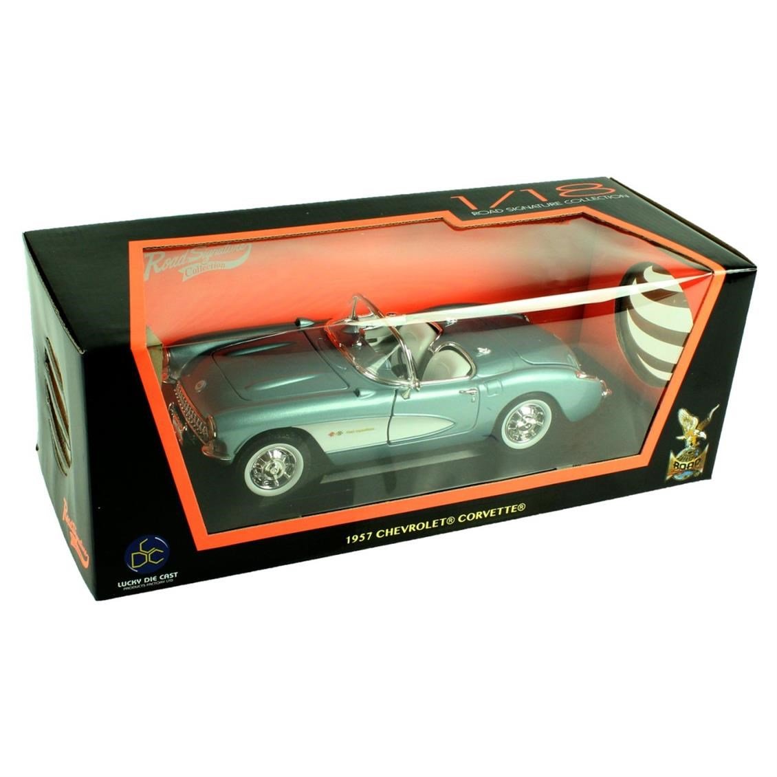 Road Signature 92018 1/18 Ölçek, 1957 Chevrolet Corvette, Metallic Blue, Sergilemeye Hazır Metal Araba Modeli