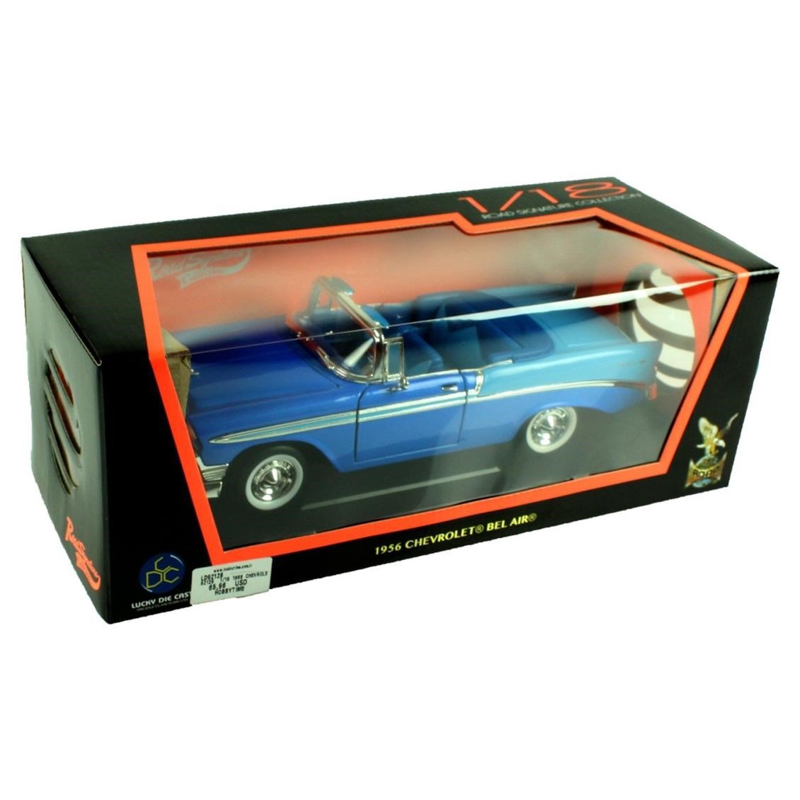 Road Signature 92128 1/18 Ölçek, 1956 Chevrolet Belair, Blue, Sergilemeye Hazır Metal Araba Modeli