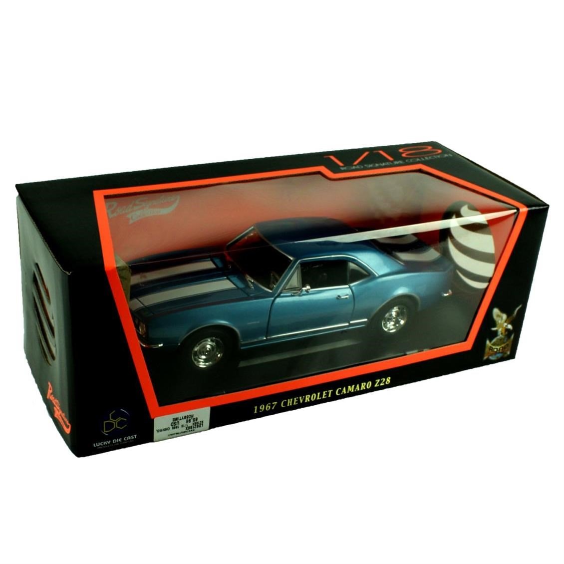 Road Signature 92188 1/18 Ölçek, 1968 Chevrolet Camaro Z 28, Metallic Blue, Sergilemeye Hazır Metal Araba Modeli