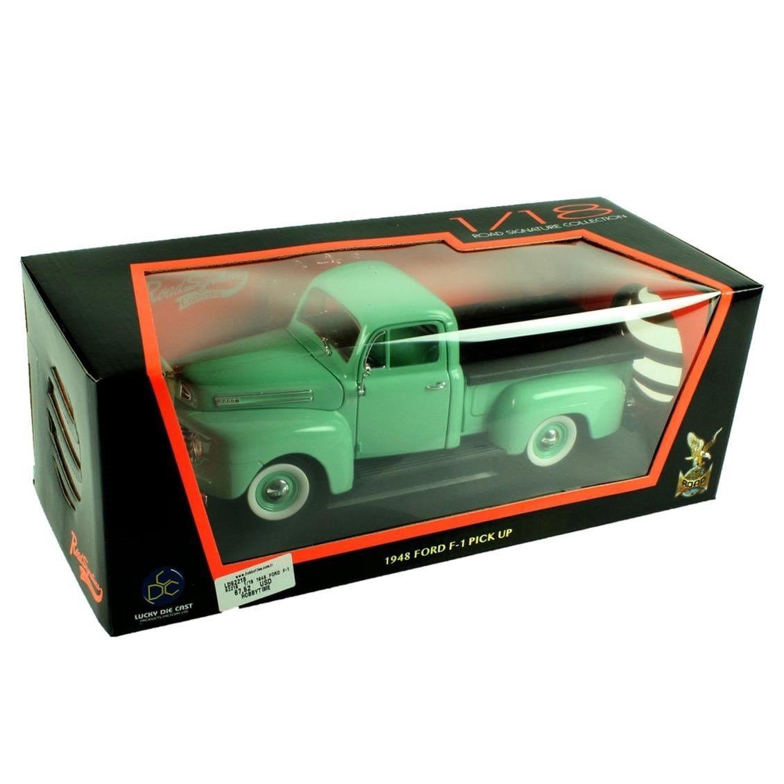 Road Signature 92218 1/18 Ölçek, 1948 Ford F-1 Pickup With Flatbed Cov, Green, Sergilemeye Hazır Metal Araba Modeli