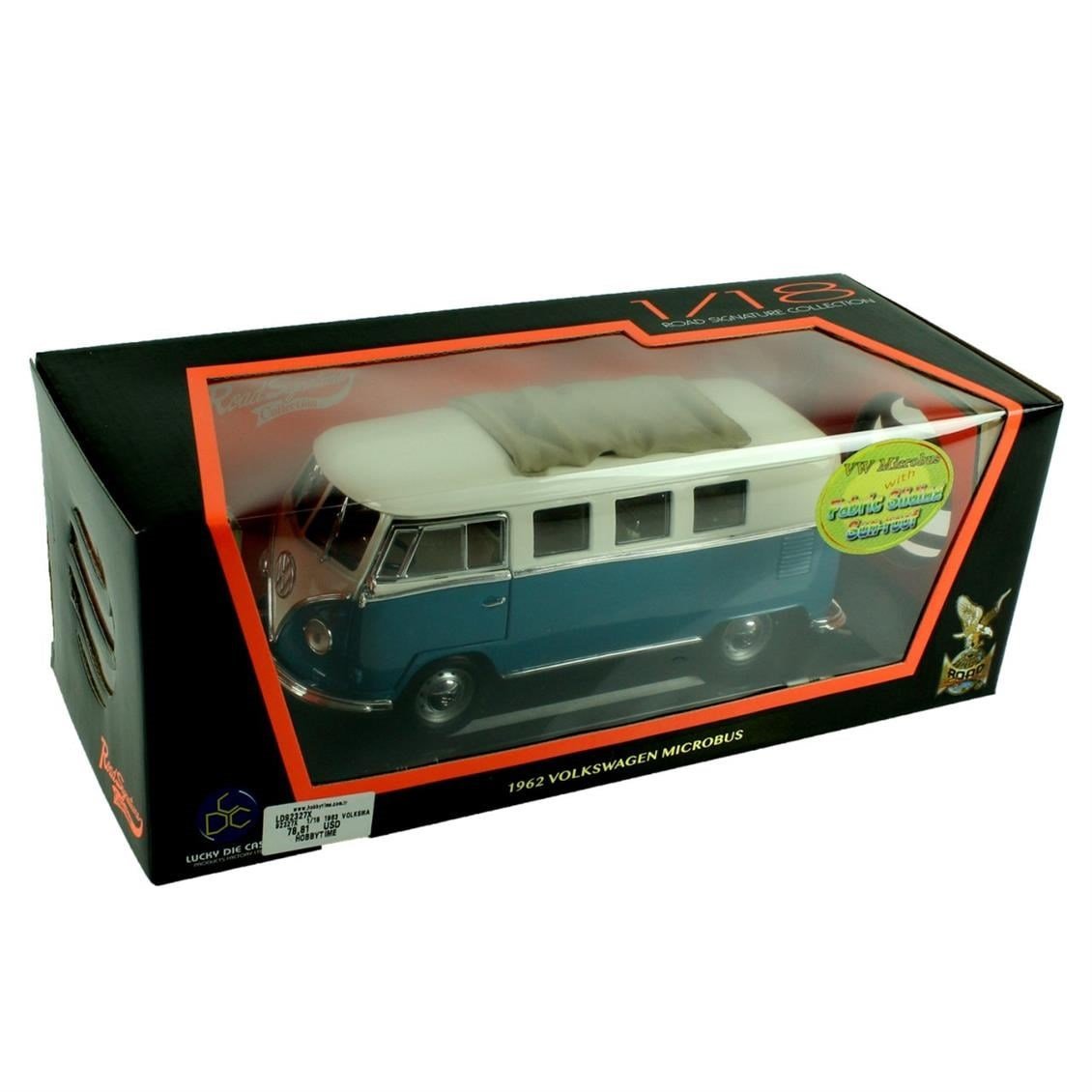 Road Signature 92327 1/18 Ölçek, 1962 Volkwagen Microbus Sunroof, Blue, Sergilemeye Hazır Metal Araba Modeli