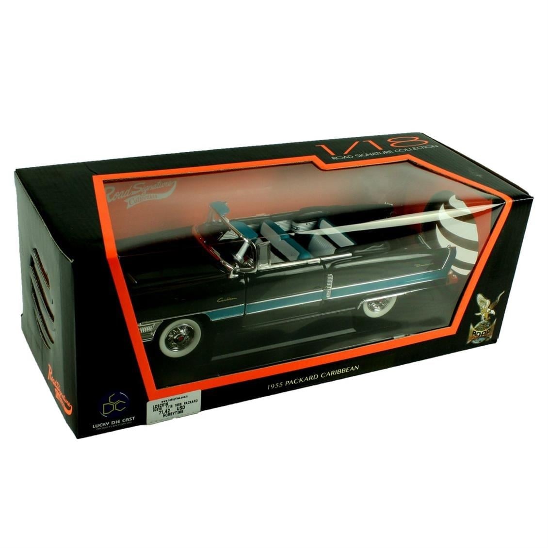 Road Signature 92618 1/18 Ölçek, 1955 Packard Caribbean Convertible, Black, Sergilemeye Hazır Metal Araba Modeli