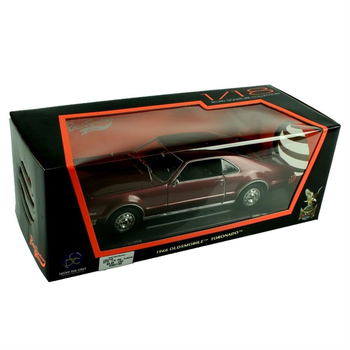 Road Signature 92718 1/18 Ölçek, 1966 Oldsmobile Toronado, Burgundy, Sergilemeye Hazır Metal Araba Modeli