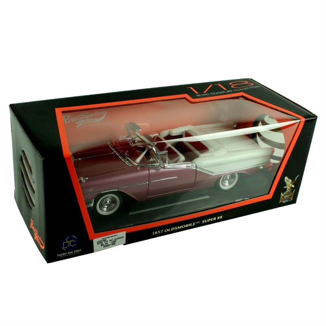 Road Signature 92758 1/18 Ölçek, 1957 Oldsmobile Super 88, Purple, Sergilemeye Hazır Metal Araba Modeli