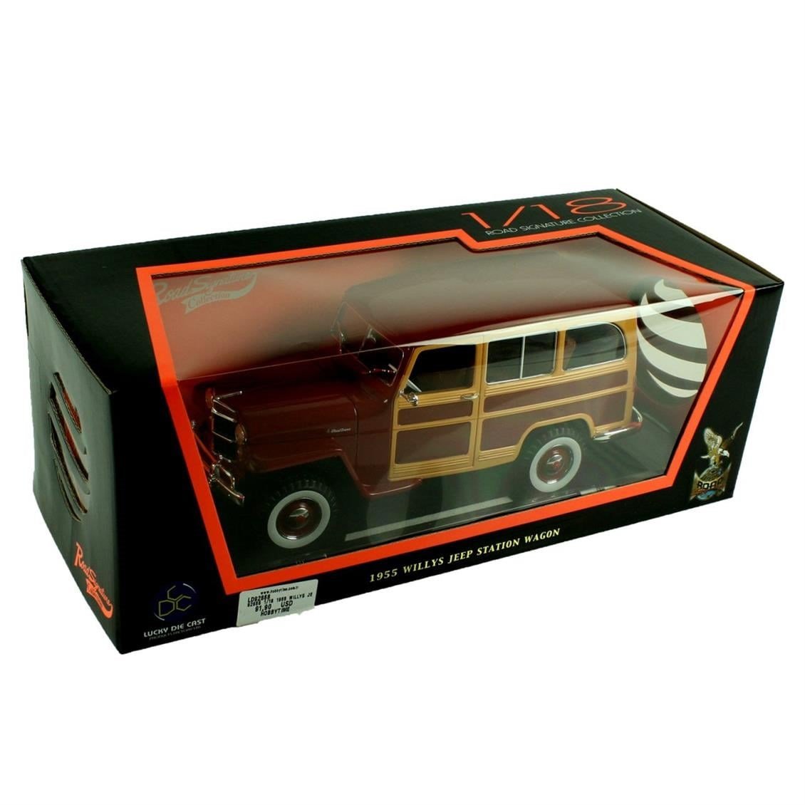 Road Signature 92858 1/18 Ölçek, 1955 Willys Jeep Station Wagon, Burgundy, Sergilemeye Hazır Metal Araba Modeli