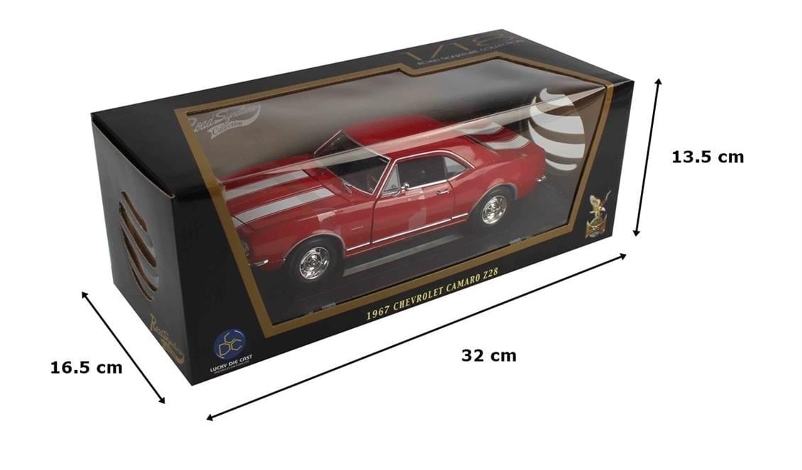 RoadSignature 19867 1/18 Ölçek, Chevrolet Camaro Z28, Beyaz Şeritli-Kırmızı, Sergilemeye Hazır Metal Araba Modeli