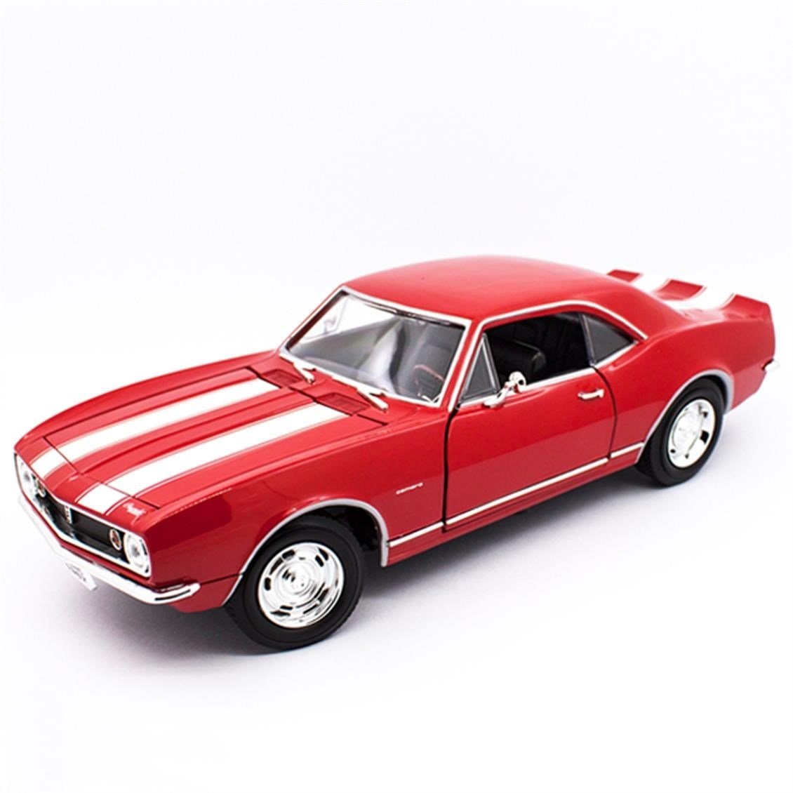 RoadSignature 19867 1/18 Ölçek, Chevrolet Camaro Z28, Beyaz Şeritli-Kırmızı, Sergilemeye Hazır Metal Araba Modeli