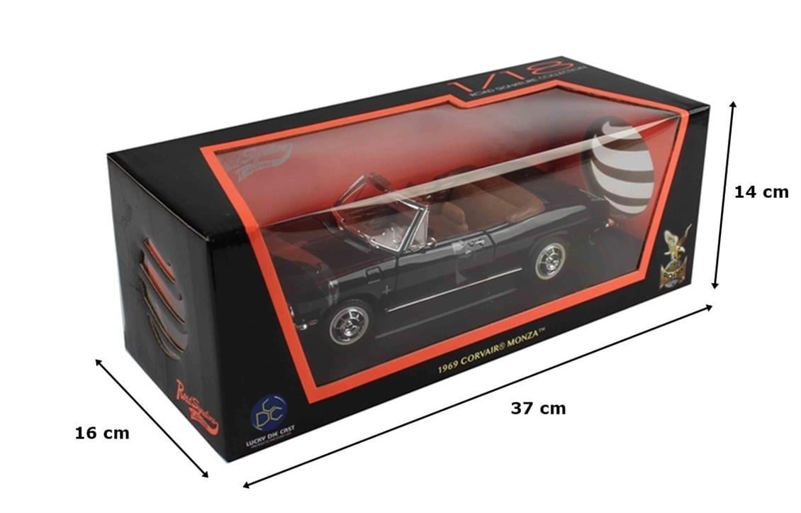 RoadSignature 92498 1/18 Ölçek, 1969 Chevrolet Corvair Monza,Cabrio, Siyah, Sergilemeye Hazır Metal Araba Modeli