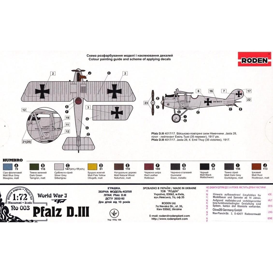 Roden 003 1/72 Ölçek, Pfalz D.III